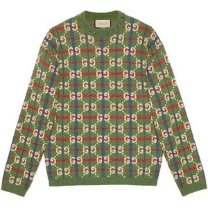Gucci Studded GG Monogram Plaid Wool Sweater - Green - Size S